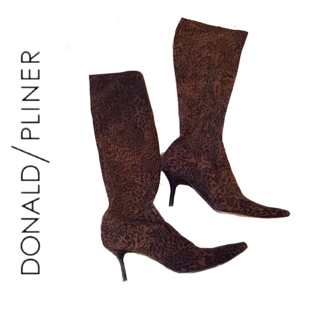 Donald Pliner | Knee High Suede Leopard Print Stiletto Boots, Size 8.5 M